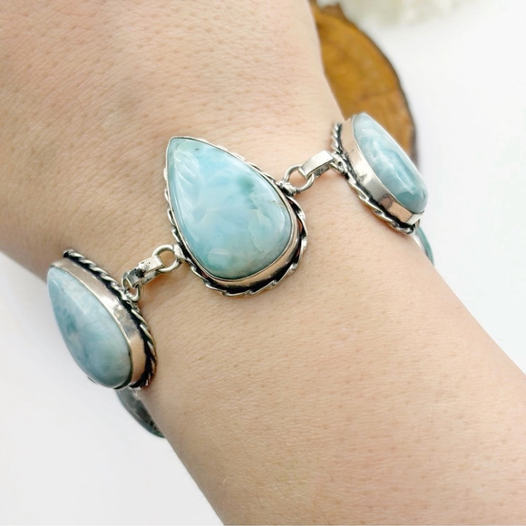 Blue Larimar Chunky Gemstone Bracelet Oval Pear New 925 Overlay - Picture 3 of 8